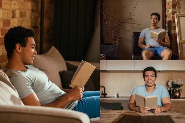 Collage with handsome mixed race man reading book at home during quarantine — Stock Photo