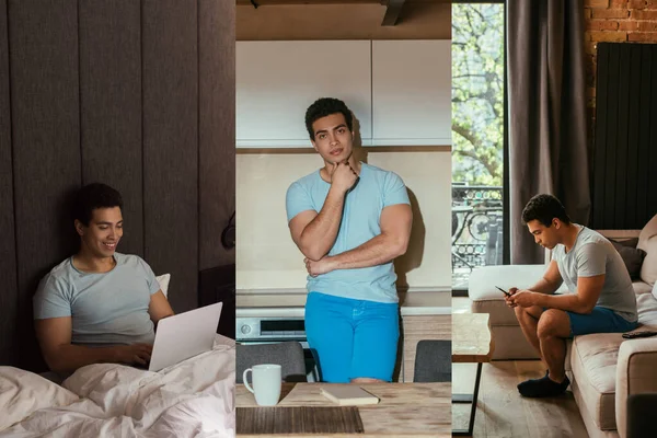 Коллаж с красивым мужчиной, отдыхающим с книжными и цифровыми устройствами дома во время карантина — стоковое фото