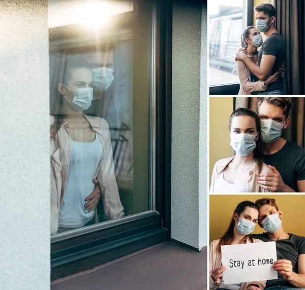 Colagem de casal em máscaras médicas segurando cartaz com estadia em casa lettering e abraçando perto de janelas em casa — Fotografia de Stock