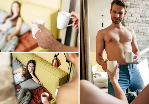 Collage di uomo muscolare in possesso di tazze con caffè vicino fidanzata felice in camera da letto — Foto stock