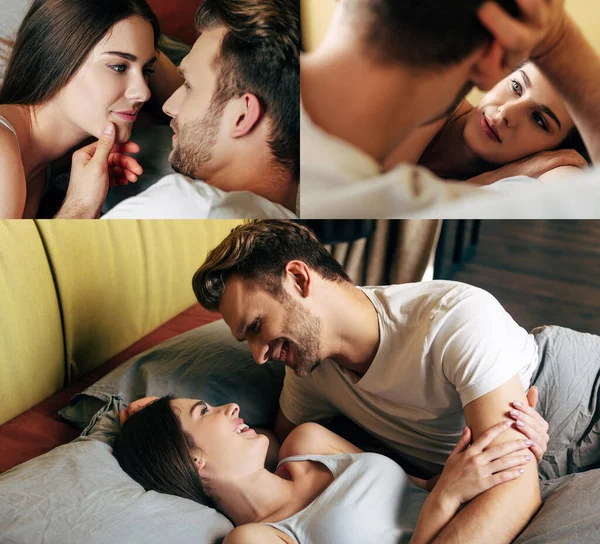 Collage di uomo allegro toccare il viso della ragazza e guardarsi in camera da letto — Foto stock