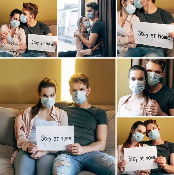 Collage de couple dans des masques médicaux tenant des pancartes avec lettrage séjour à la maison — Photo de stock