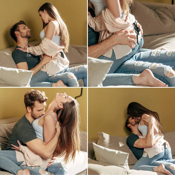 Коллаж сексуальной пары, обнимающей и целующейся в гостиной — стоковое фото