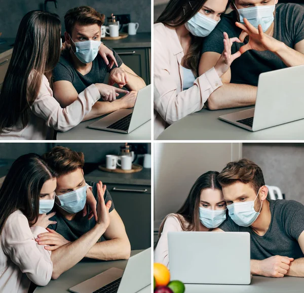 Collage de couple dans des masques médicaux agitant la main, pointant du doigt et montrant le cœur tout en ayant un appel vidéo — Photo de stock