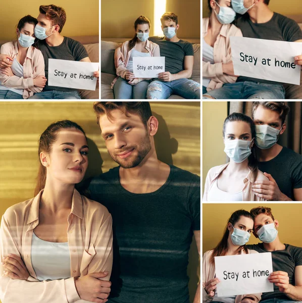 Collage de hombre y mujer en máscaras médicas sosteniendo pancartas con letras de estancia en casa en casa - foto de stock