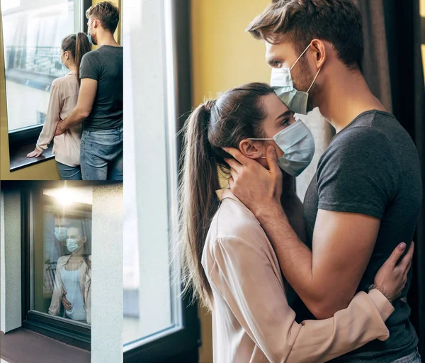 Colagem de homem em máscara médica beijando a testa da namorada em casa — Fotografia de Stock