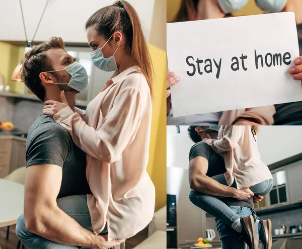 Collage de hombre en máscara médica sosteniendo en brazos chica y pancarta con la estancia en casa letras - foto de stock