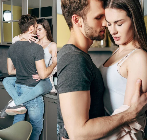 Collage von sinnlicher Frau und bärtigem Mann, die sich zu Hause umarmen — Stockfoto
