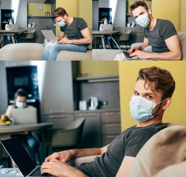 Collage de freelancer usando laptops cerca de chica en casa - foto de stock