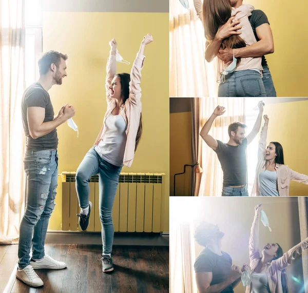 Collage of excited couple holding medical masks above head and hugging at home, end of quarantine concept — Stock Photo