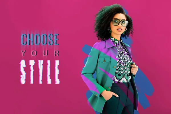Stylish african american woman in jacket posing on pink background with choose your style illustration — Stock Photo