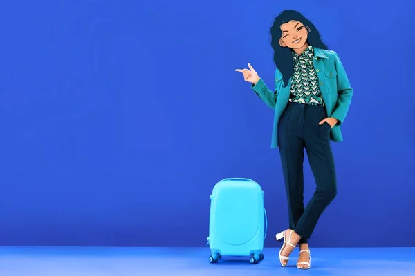 Mujer con la cara ilustrada apuntando con el dedo mientras está de pie cerca de la bolsa de viaje sobre fondo azul - foto de stock
