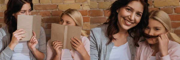 Collage di madre e figlia che tengono libri e sorridono alla macchina fotografica a casa — Foto stock