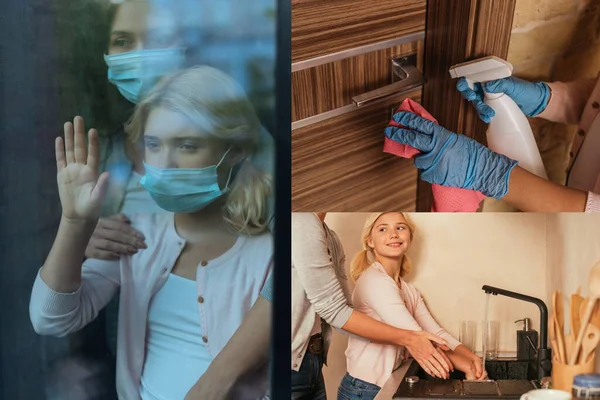 Collage de la mère et de la fille dans des masques médicaux debout près de la fenêtre, se laver les mains et nettoyer la poignée de porte — Photo de stock