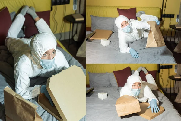 Collage eines Mannes in medizinischer Maske und Schutzanzug, der neben Pizzakartons und Paketen auf dem Bett liegt — Stockfoto