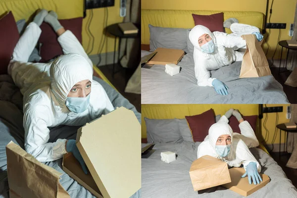 Collage of man in medical mask and hazmat suit lying near pizza box and packages on bed — Stock Photo