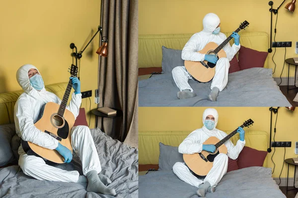 KYIV, UCRANIA - 24 DE ABRIL DE 2020: Collage del hombre en traje de materiales peligrosos y máscara médica tocando la guitarra acústica en la cama - foto de stock