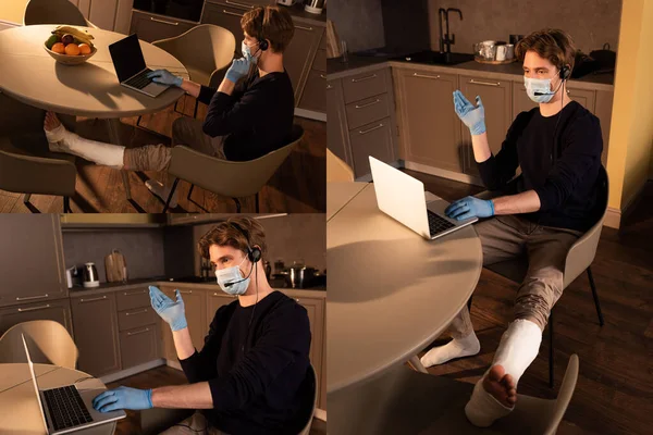 Collage de freelancer en máscara médica y vendaje de yeso en pierna usando laptop y auriculares en cocina - foto de stock