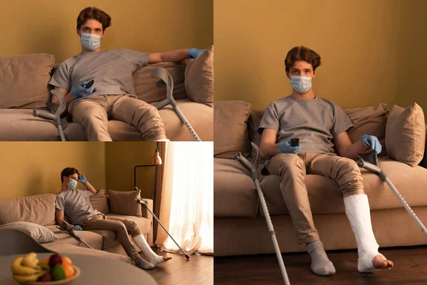 Collage of man in medical mask and plaster bandage on leg watching tv at home — Stock Photo