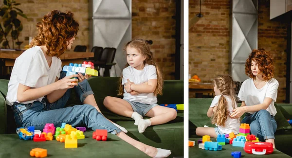 Collage of curly mother holding toy gun and looking at offended daughter with crossed arms — Stock Photo