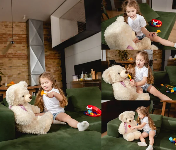 Колаж милої дитини, що грає з плюшевими ведмедями у вітальні — стокове фото