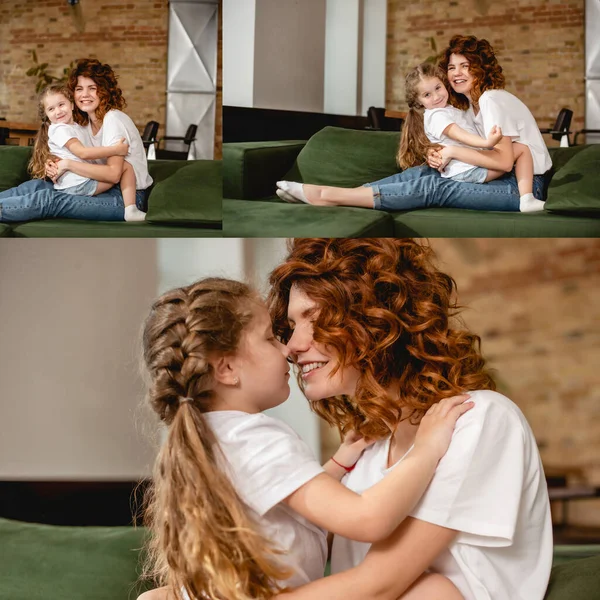 Collage of cute daughter hugging and touching noses with happy and curly mother — Stock Photo