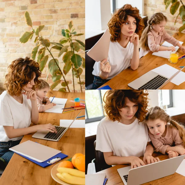 Collage de la mère pigiste travaillant à la maison tandis que la fille mignonne dessin sur papiers — Photo de stock