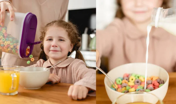 Collage of mother holding container with delicious corn flakes and pouring milk near cute daughter — Stock Photo