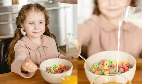 Collage aus Milch, die in Schüssel mit leckeren Cornflakes in der Nähe von niedlichen Kind gießt — Stockfoto
