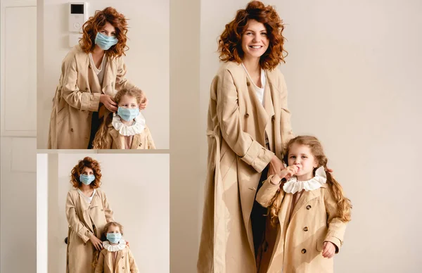 Collage of happy and redhead mother in trench coat wearing medical mask on cute daughter — Stock Photo