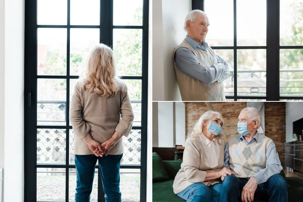Collage con triste pareja de ancianos en máscaras médicas sentados en casa durante el autoaislamiento - foto de stock