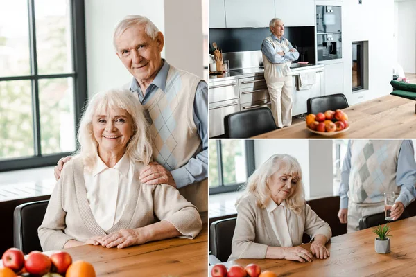 Collage avec un couple âgé assis à la maison sur l'isolement personnel — Photo de stock