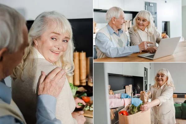 Collage with happy elderly couple shopping online, taking food delivery and cooking during self isolation — Stock Photo