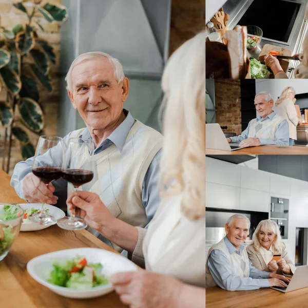 Collage con pareja de ancianos cocinando, cenando con vino y ensalada y usando portátil en casa en auto aislamiento - foto de stock