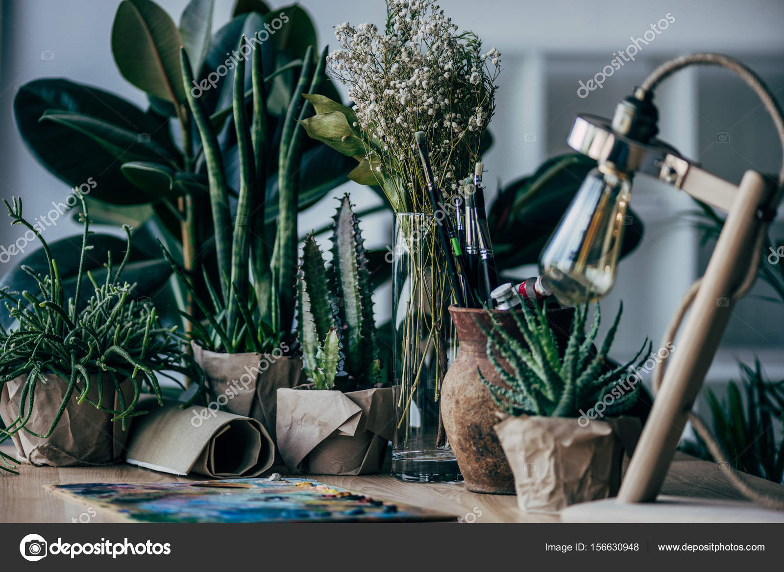 テーブルの上の画材で緑の植物 — ストック写真 © ViktoriaSapata 156630948