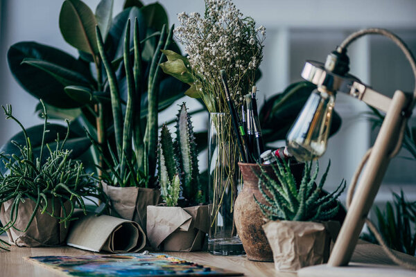Зеленые растения с предметами искусства на столе
