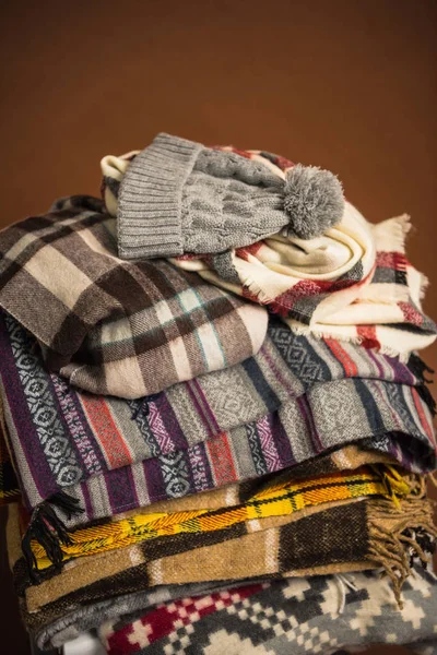 Winter scarfs with blankets and hat — Stock Photo, Image