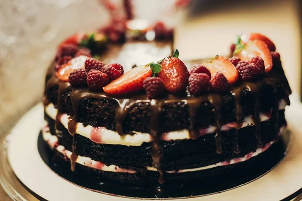 Bolo de chocolate com frutas — Fotografia de Stock