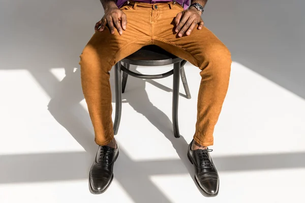 Cropped Shot African American Man Stylish Clothing Sitting Chair Grey — Stock Photo, Image