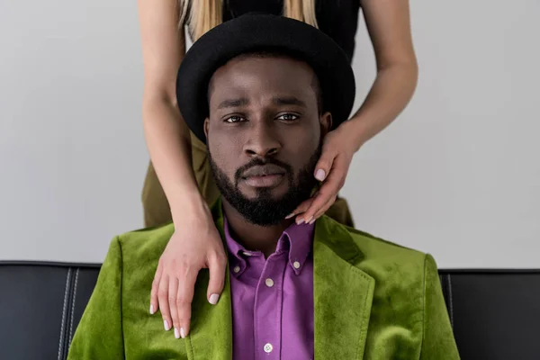 Cropped Shot Woman Touching African American Boyfriend Isolated Grey — Stock Photo, Image