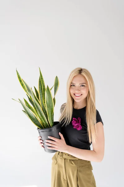 Vacker Ung Kvinna Håller Krukväxter Och Ler Mot Kameran Isolerad — Stockfoto