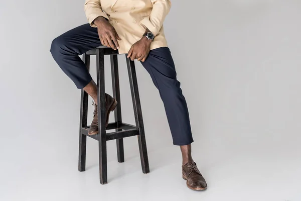 Cropped Shot Stylish African American Man Sitting Chair Isolated Grey — Stock Photo, Image