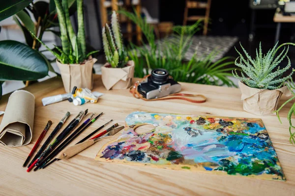 Зеленые растения с предметами искусства на столе — стоковое фото