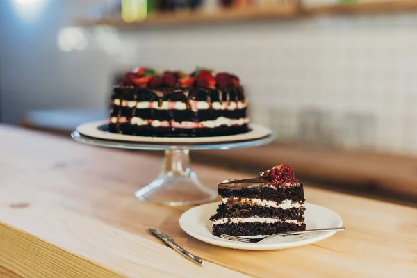 Piece of homemade cake with fruits — Stock Photo