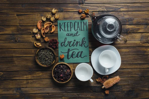 Tea set and card — Stock Photo