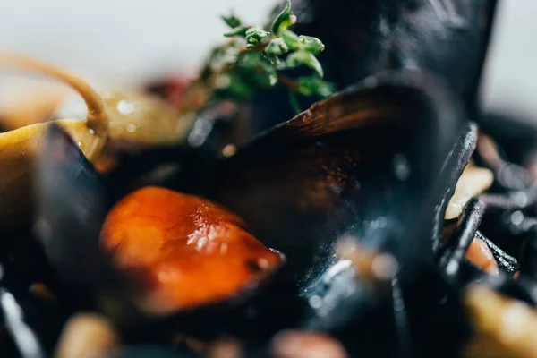 Delicious spaghetti with cuttlefish ink, squid and mussels with octopus — Stock Photo