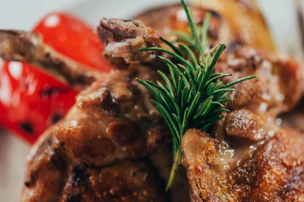 Vista de cerca del delicioso pollo asado con romero y verduras a la parrilla - foto de stock