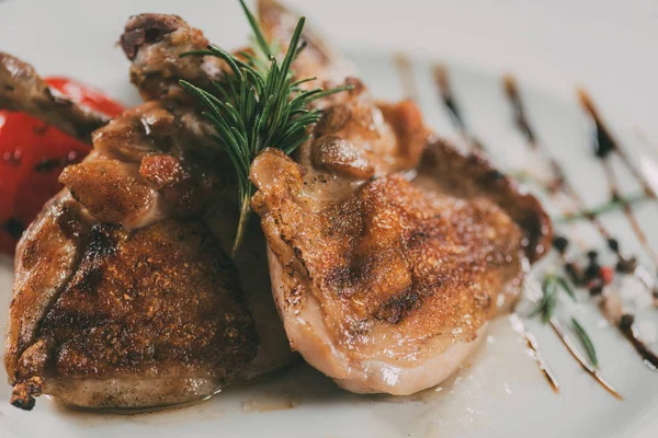 Vista close-up de frango grelhado saboroso fresco com alecrim e molho na placa — Fotografia de Stock