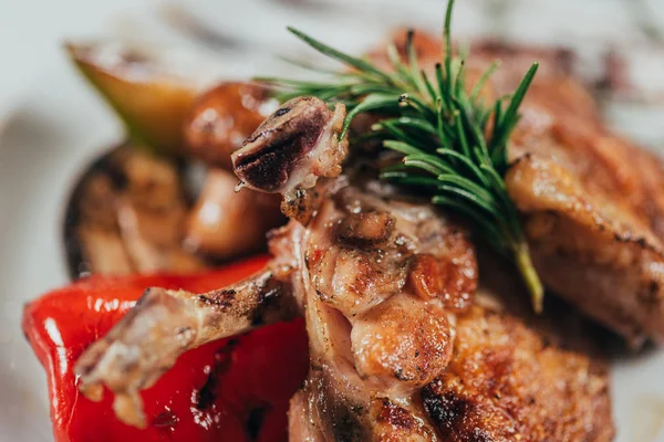 Vista de cerca del delicioso pollo a la parrilla con romero y salsa en el plato - foto de stock