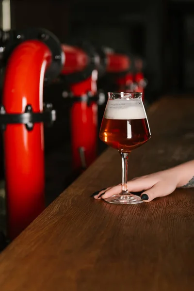 Chupito de mano humana con un vaso de cerveza fresca en el bar - foto de stock